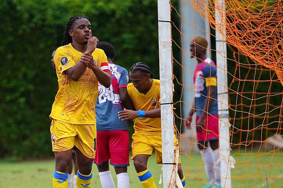 AC Port of Spain captain Duane Muckette celebrates after scoring the opening goal against Point Fortin Civic FC at Mahaica Oval, Point Fortin on Sunday, May 19th 2024.