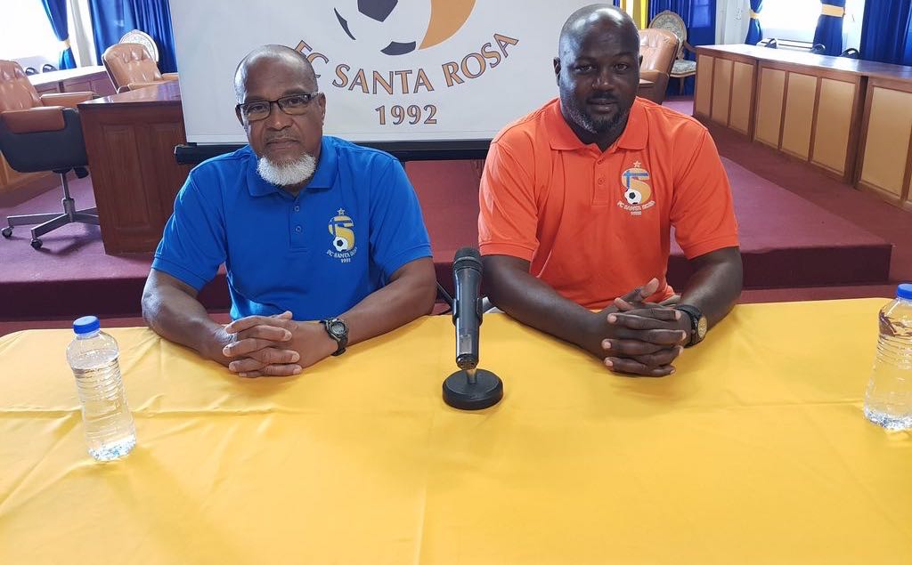 FC Santa Rosa Keith Look Loy, left, with his club’s new coach Shurland David at a press conference yesterday.