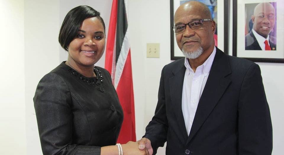 Minister of Sports Shamfa Cudjoe, shakes hands with TTSL president Keith Look Loy, after the two met yesterday.