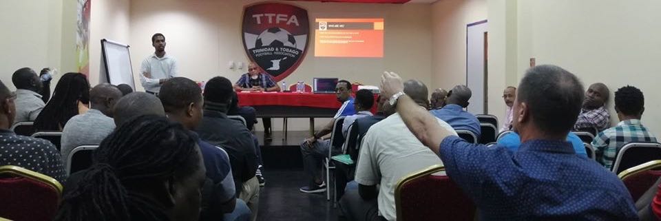 Photo shows Men’s team head coach Terry Fenwick making a point during the meeting on Friday at the Ato Boldon Stadium.