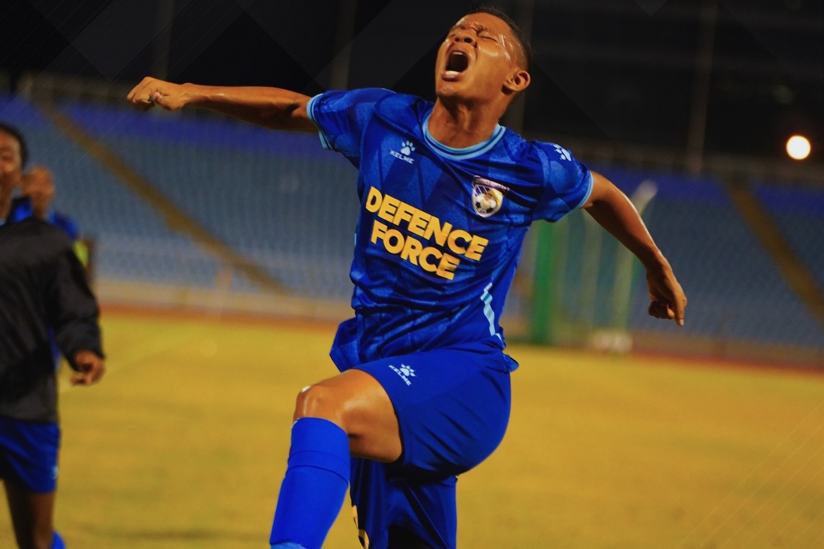 Defence Force's Rivaldo Coryat celebrates after scoring the game-winner against AC Port of Spain at the Hasely Crawford Stadium on Saturday, January 6th 2024.