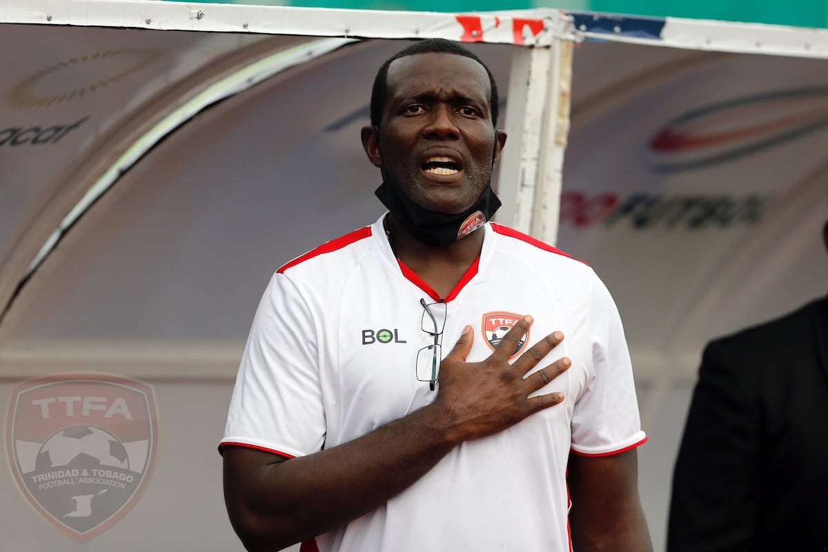 Trinidad and Tobago Men's Senior Team Goalkeeping Coach Kelvin Jack sings the national anthem ahead of a World Cup Qualifier against St. Kitts and Nevis AT Estadio Olímpico Félix Sánchez, Santo Domingo, Dominican Republic on June 8, 2021