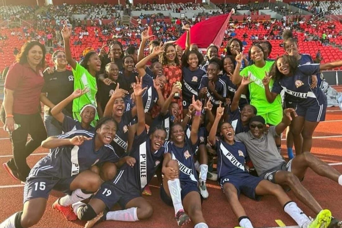 Pleasantville Secondary School players celebrate winning the Coca-Cola National Girls’ Intercol final after beating Miracle Ministries 2-1, at the Hasley Crawford Stadium, Port of Spain on Thursday, December 7th 2023.