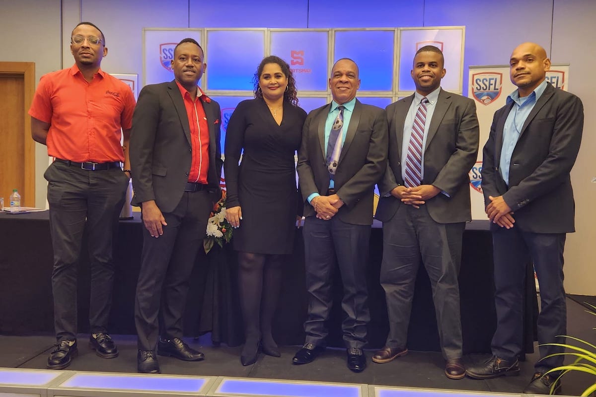 From left: Anthony Lovelace (Senior Brand Specialist, Coca Cola), Nicolas Matthews (CEO, SportsMax Ltd), Nicola Ghouralal (Head, Communication and Brand, National Gas Company), Merere Louis Gonzales (President, SSFL), Leston Davis ( Regulatory & P&A Advisor, Shell) , Ronson Hackshaw (Physical Education Sports Officer, Ministry of Sport and Community Development)