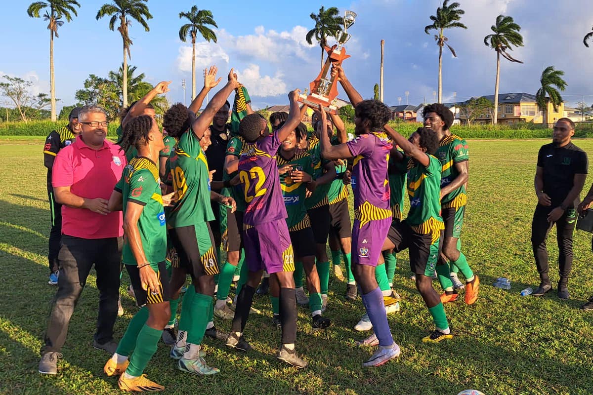 St Benedict’s College players winning the Secondary Schools Football League Under-20 final against Fatima College at the Manny Ramjohn Stadium training field, Marabella on Tuesday, December 5th 2023. St Benedict’s won 2-1.