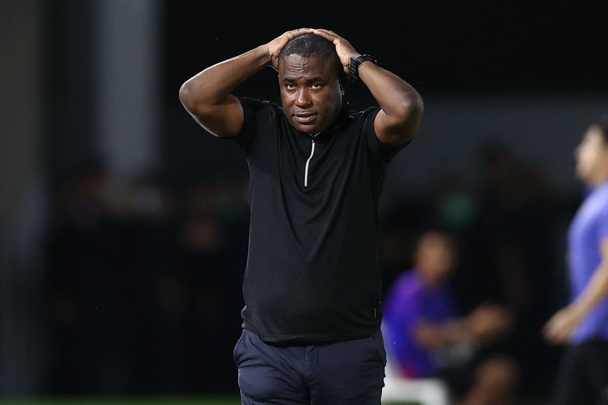 Trinidad and Tobago head coach, Angus Eve shows dejection during the international friendly match between Thailand and Trinidad and Tobago at 700th Anniversary Stadium on September 25, 2022 in Chiang Mai, Thailand. (Photo by Pakawich Damrongkiattisak/Getty Images)