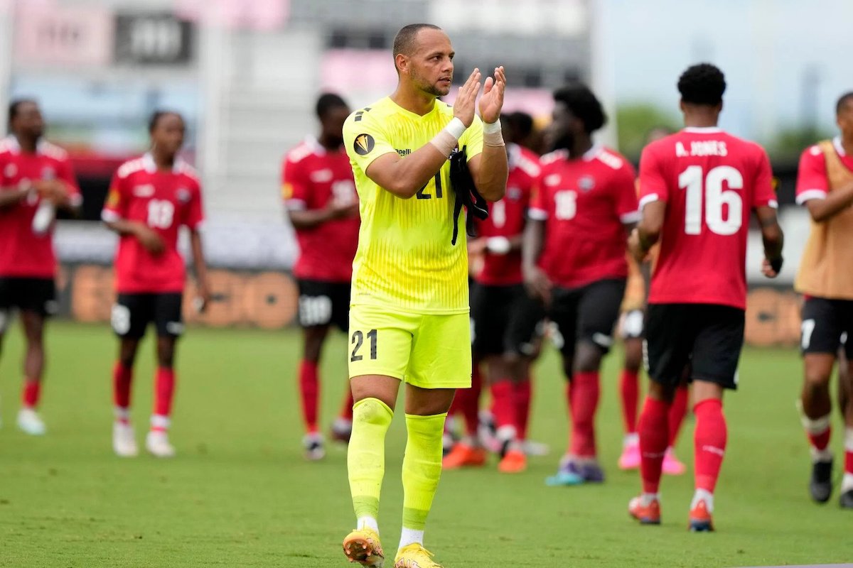 Trinidad and Tobago goalkeeper Nicklas Frenderup (21) applauds toward the fans after a CONCACAF Gold Cup soccer match against Saint Kitts and Nevis, Sunday, June 25, 2023, in Fort Lauderdale, Fla. PHOTO: Lynne Sladky (AP)