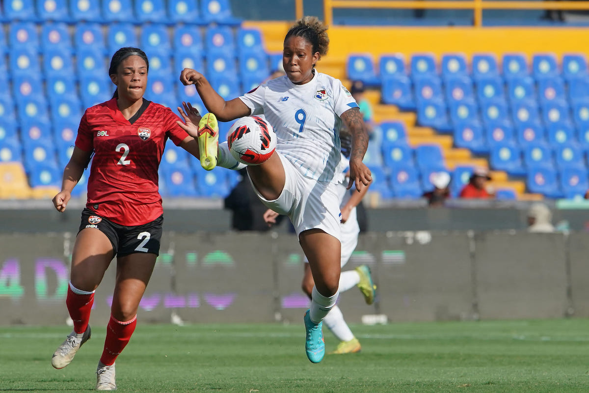 Trinidad and Tobago's Chelsi Jadoo (left) challenges Panama's Karla Riley (right) during a CONCACAF Women's Championship match in Monterrey, Mexico, on Monday, July 11th 2022.