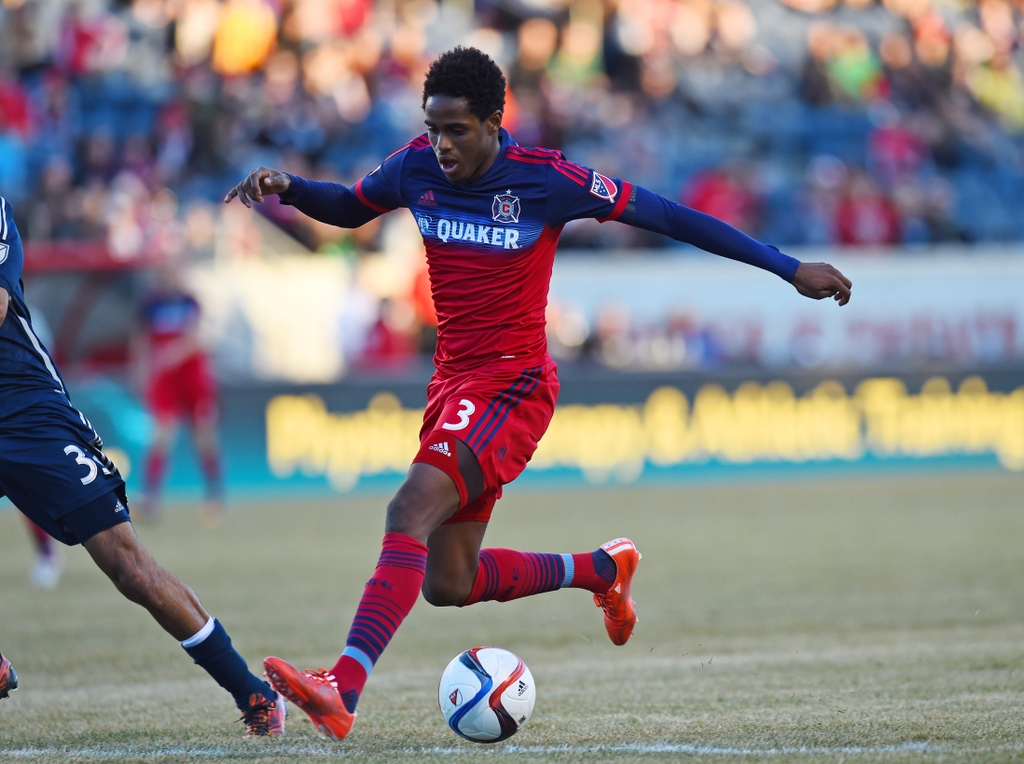 Mar 14, 2015; Chicago, IL, USA; Chicago Fire defender Joevin Jones (3) kicks the ball against the Vancouver Whitecaps during the second half at Toyota Park. The Vancouver Whitecaps defeat the Chicago Fire 1-0. Mandatory Credit: Mike DiNovo-USA TODAY Sports