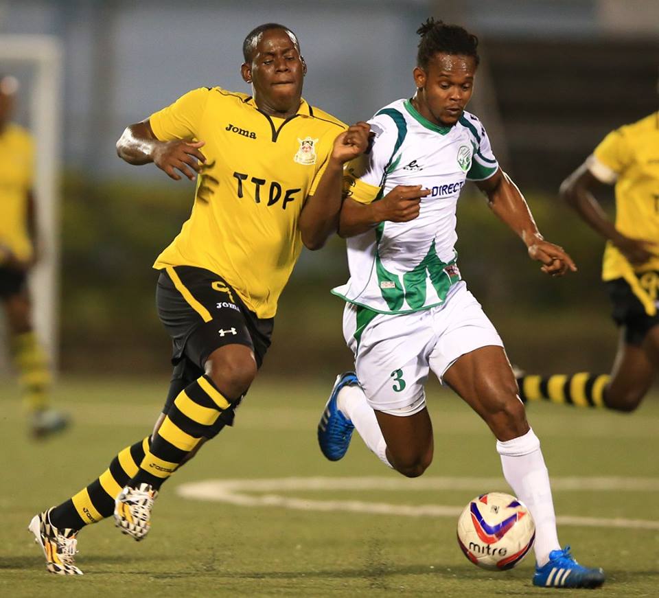 Devorn Jorsling (left) became the T&T Pro League's all-time leading goalscorer on April 12, 2015, in a 4-2 win over Point Fortin Civic FC. (Photo: Allan V. Crane)