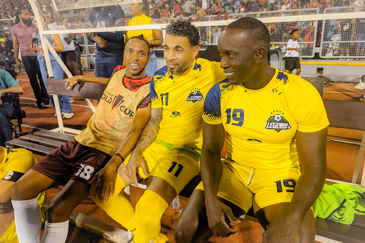 Dwight Yorke (right), Carlos Edwards (center), and Densill Theobald (left) at the Legends vs T&T All Stars game at the Hasely Crawford Stadium, Mucurapo on Friday, May 10th 2024.