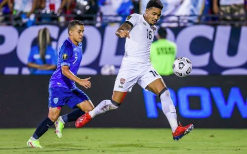 Photo: Trinidad and Tobago right back Alvin Jones (right) takes the ball away from Guatemala attacker Marvin Ceballos during Gold Cup action at the Toyota Stadium in Frisco on 18 July 2021. (Copyright Concacaf)
