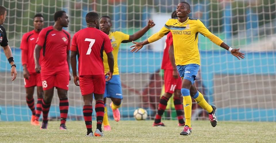 Photo: Defence Force FC forward Dylon King celebrates scoring his second goal against San Juan Jabloteh in a 4-0 win in the 2018 First Citizens Cup in the second game of an Immortelle Group double-header at the Ato Boldon Stadium on Jun. 10, 2018. (Courtesy First Citizens / CAI / Allan V. Crane)