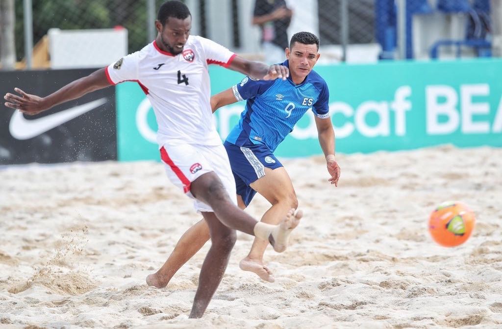 Shallun Bobb (No 4) of T&T takes a shot during a quarterfinal match against El Salvador in the Concacaf Beach Soccer Championship at the Arena Futbol Playa Fedefutbol, Alajuela, Costa Rica, yesterday. T&T went under 9-2.(Photo: CONCACAF/STRAFFON IMAGES/JOHN DURAN/Mandatory Credit/Editorial Use/Not for Sale/Not Archive ...JOHN DURAN