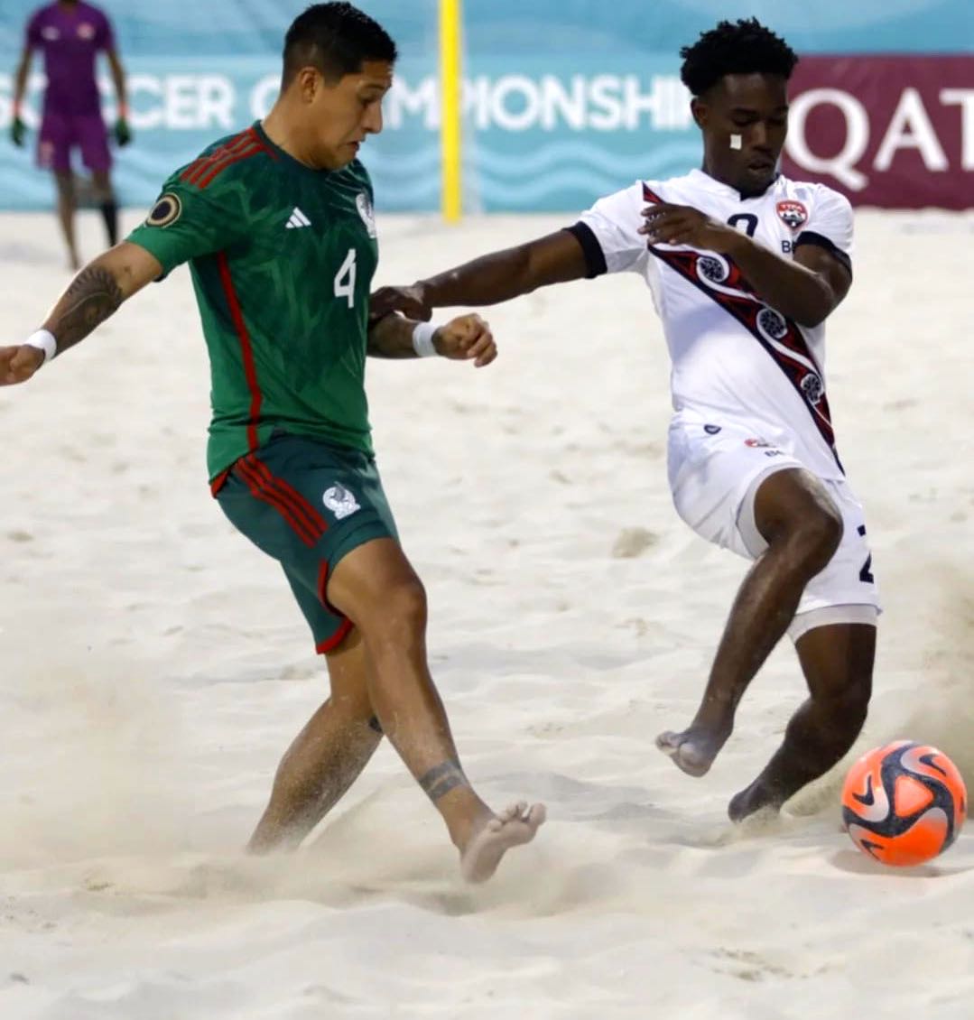 Mexico oust valiant Trinidad and Tobago 2-0 in Concacaf beach soccer 'quarters'.