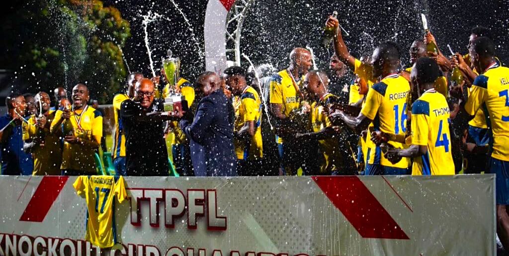 Defence Force FC celebrate after beating La Horquetta Rangers, on Saturday, in the final of the Trinidad and Tobago Premier Football League Knockout competition final, at the Diego Martin Sporting Complex, Diego Martin. - TT Premier League