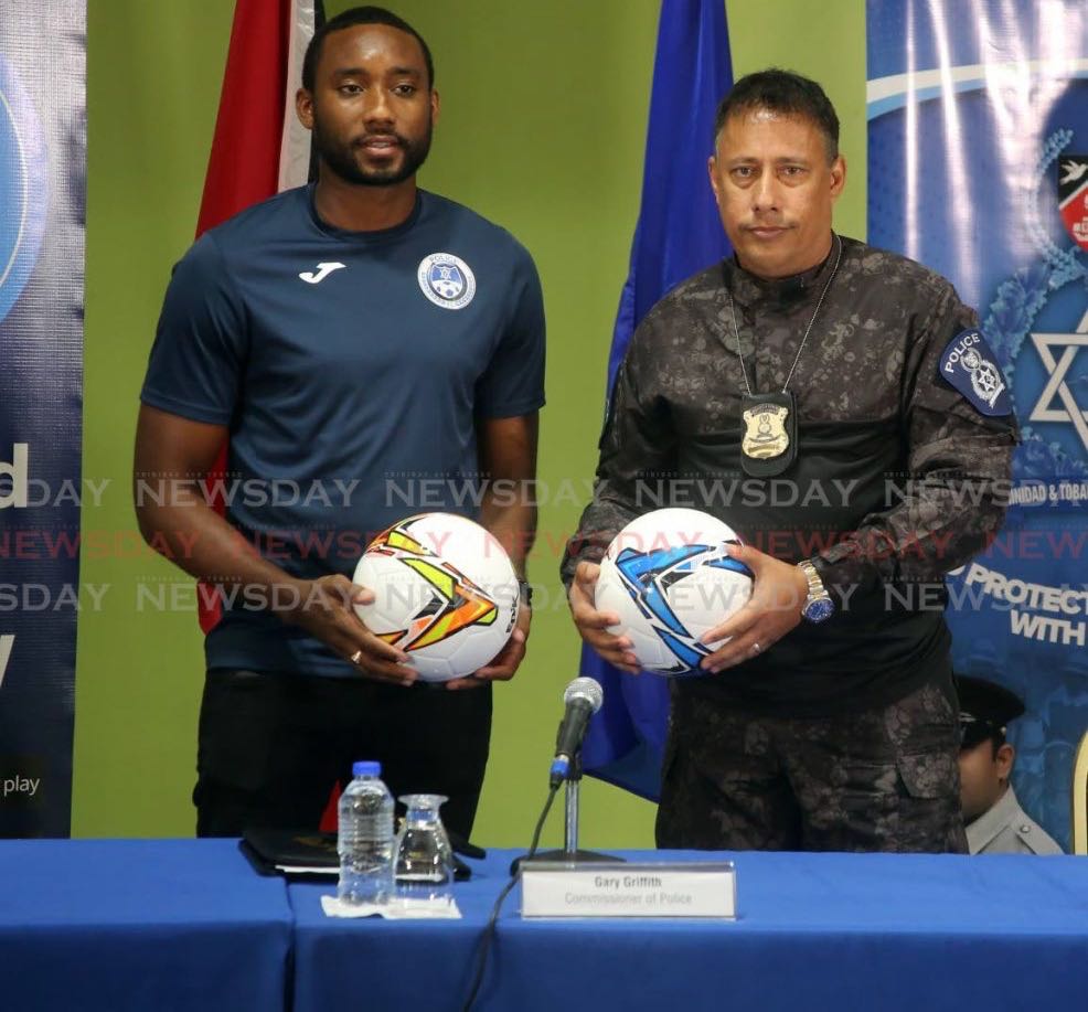 Police Commissioner Gary Griffith ( right) with Adrian Foncette, the Police football team captain and National senior team goalkeeper has launched the Commissioner's Cup Football Tournament 2020 at the T&T Police Service Administration Building ,Port of Spain - File Photo - SUREASH CHOLAI