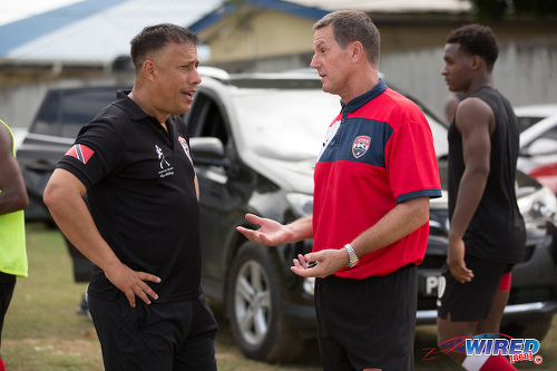 Photo: Commissioner of Police Gary Griffith (left) has a word with then Soca Warriors head coach Terry Fenwick after training at the Police Barracks in St James on 3 July 2020. (Copyright Allan V Crane/CA-Images/Wired868)