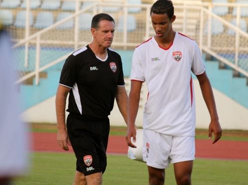 Photo: Trinidad and Tobago attacker Gary Griffith III (right) and head coach Terry Fenwick during training in Nassau before the Soca Warriors’ World Cup qualifier against the Bahamas on 5 June 2021. (via TTFA Media)
