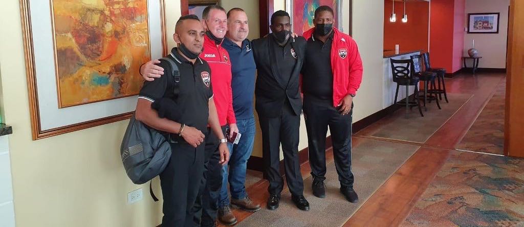 T&T senior men’s Team Technicals staff members from left, Shaun Fuentes - TTFA Director of Communication, Terry Fenwick - T&T national coach, Robert Hadad - chairman of the Normalisation Committee, Adrian Romain - T&T team Manager and Derek King - National assistant coach.