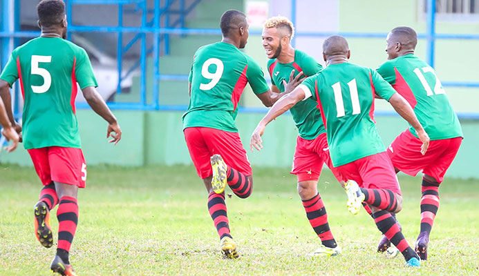 San Juan Jabloteh double scorer Jairo Lombardo, third from left, is congratulated by his teammates during their 4-1 win over Club Sportif Moulien in their Caribbean Club Championship 2017 Group E clash at Victoria Park in Kingstown, St. Vincent on 10 March.