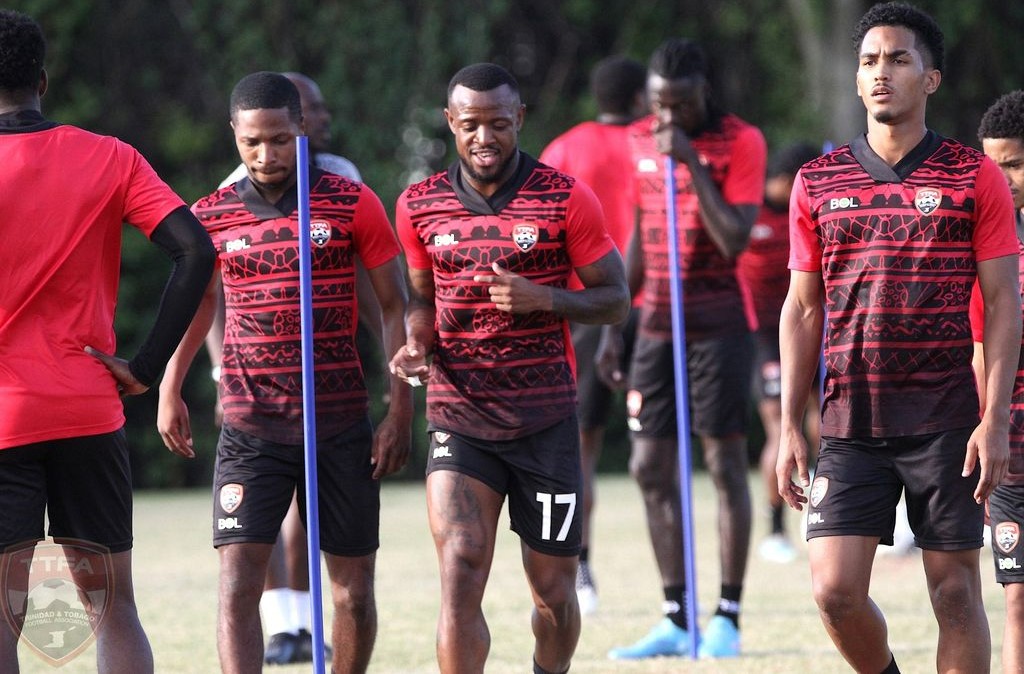 T&T’s Jomal Williams, centre, a midfielder and his teammates go through their practice sessions ahead of its match against the Bahamas in a CONCACAF Nations League Group ‘C’ clash at the Thomas A Robinson Stadium in Nassau on March 24. - TTFA Media