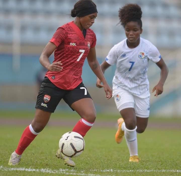 Trinidad and Tobago's Liana Hinds (L) controls the ball against Panama, in an international friendly, held at the Ato Boldon Stadium, Couva, on Thursday. The match ended 0-0. - via TTFa Media