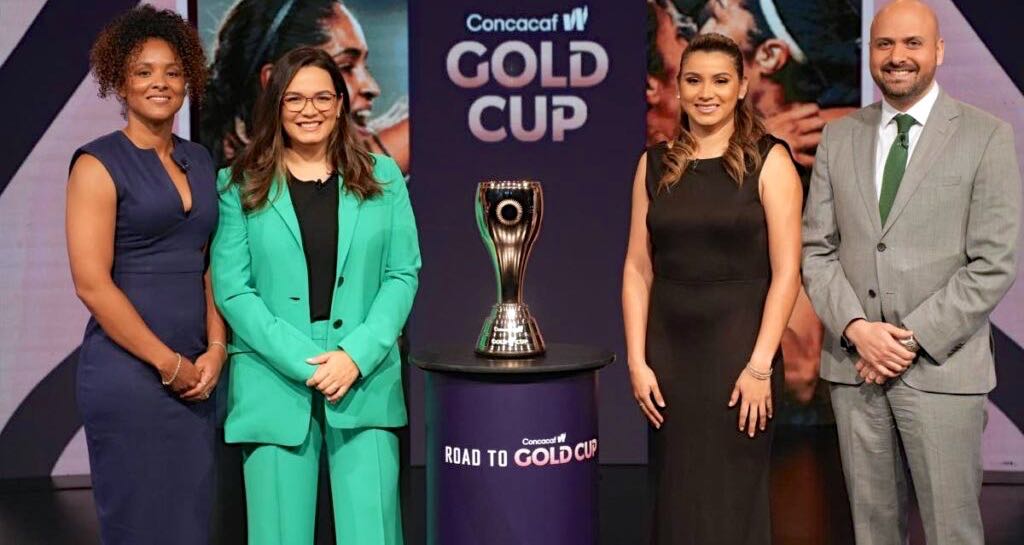 Former T&T football captain Maylee Attin-Johnson (L) and former Costa Rican player Wendy Acosta (2nd R) attend the Concacaf Women’s Gold Cup draw, on Thursday, in Miami, Fl. - Concacaf