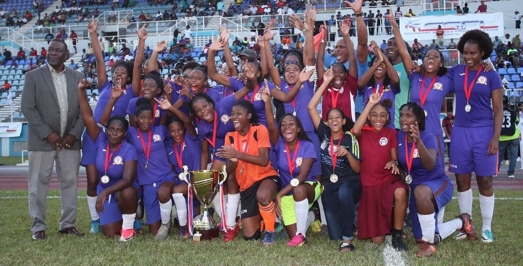 CELEBRATIONS Members of the Pleasantville Secondary School captured the Girls Intercol National football title after they defeated Signal Hill Secondary 2-0 at the Ato Boldon Stadium, Couva, yesterday.