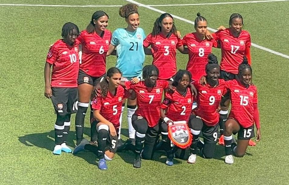 Trinidad and Tobago players pose before kickoff against the Cayman Islands in Concacaf U-20 Championship qualifying action in Curaçao on 15 April 2023. (via TTFA Media)