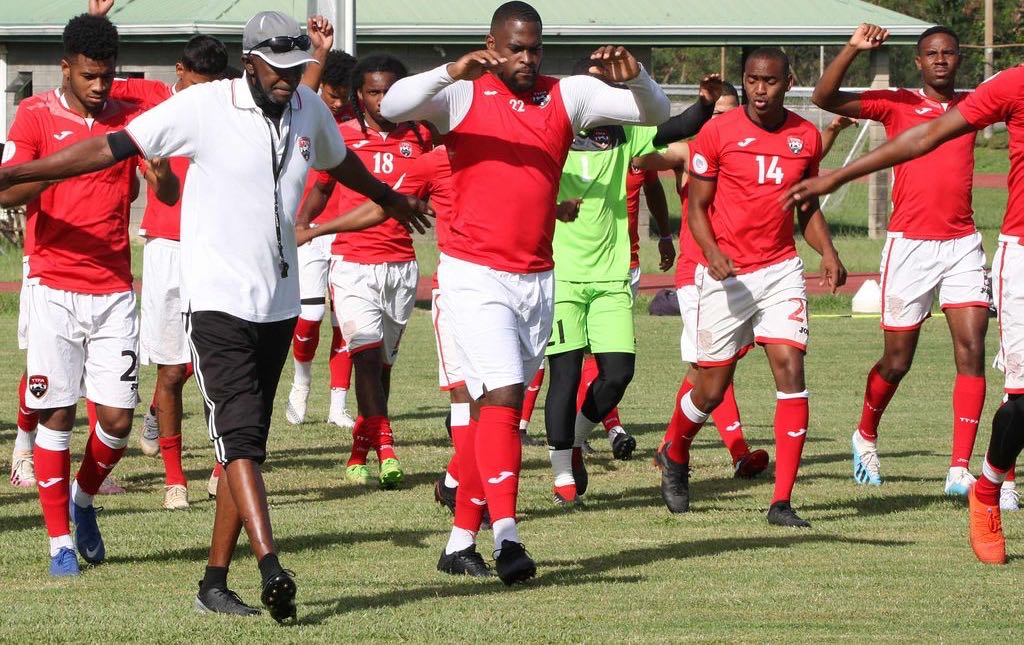 Members of the T&T senior men’s football team go through a drill session during a practice at the Hasely Crawford Stadium, Mucurapo on yesterday. The team is preparing for a number of international tournament starting in the first quarter of 2021. - ANTHONY HARRIS