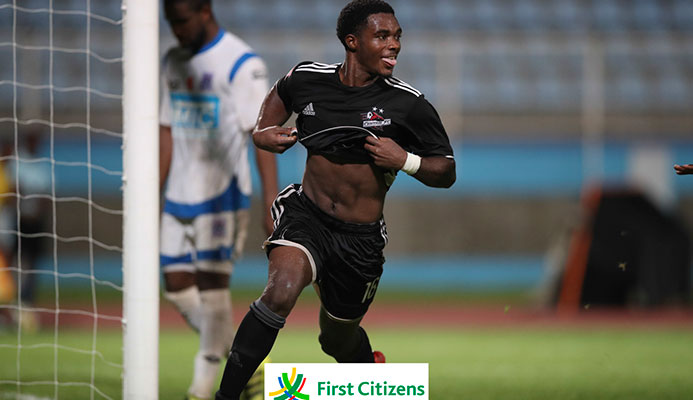 Central FC utility player Tyrik John celebrates scoring the winner against MIC-IT St. Ann’s Rangers in their 2017 First Citizens Cup Play-off clash at the Ato Boldon Stadium on Oct. 11, 2017. Central won the game 2-1. (Photo courtesy First Citizens / Allan V. Crane CAI)