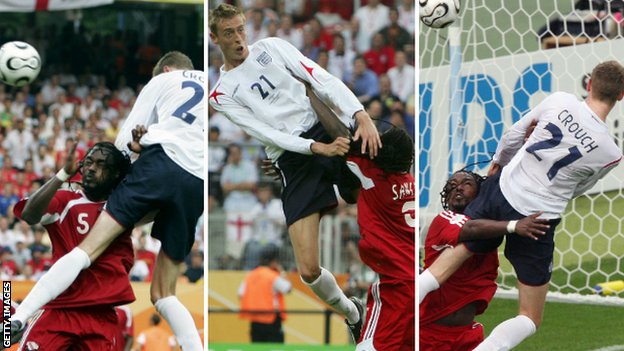Crouch, now at Stoke, levered himself above the dreadlocked Brent Sancho to score England's first goal against Trinidad and Tobago in their 2006 World Cup group stage match