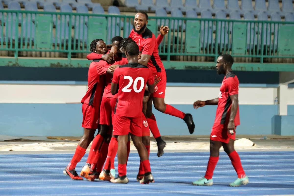 1976 FC Phoenix celebrate after scoring a goal against Defence Force at the Dwight Yorke Stadium on Sunday, February 18th 2024.