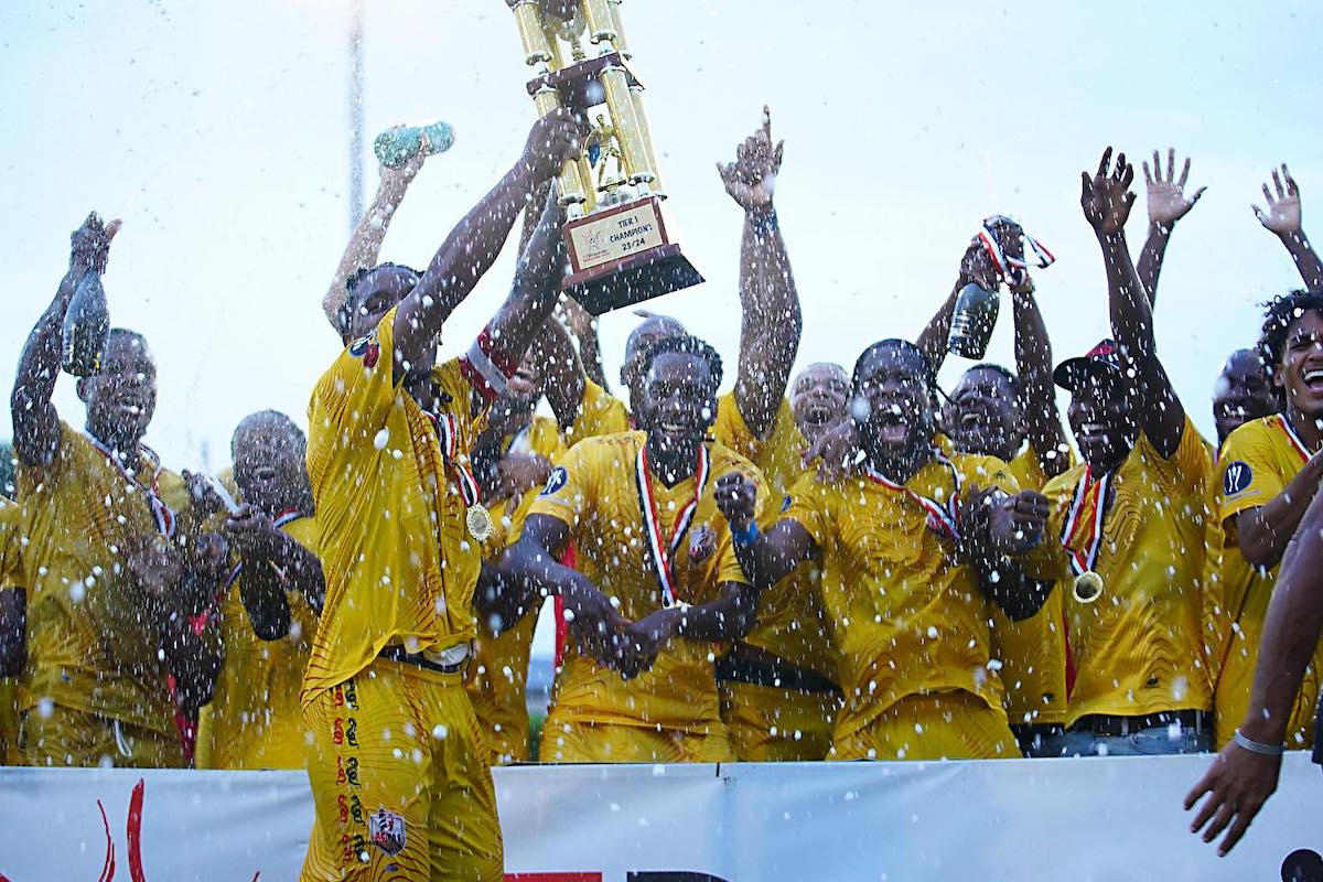 AC Port of Spain celebrate winning the 2023/24 T&T Premier Football League Tier One title after defeating Point Fortin Civic FC 3-0 at Mahican Oval, Point Fortin on Sunday, May 19th 2024.
