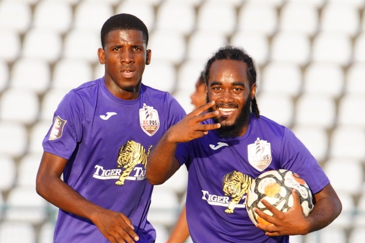 AC Port of Spain attacker Che Benny celebrates scoring a hat-trick against Cunupia FC at the Larry Gomes Stadium on Saturday, April 1st 2023. (via T&T Premier Football League)