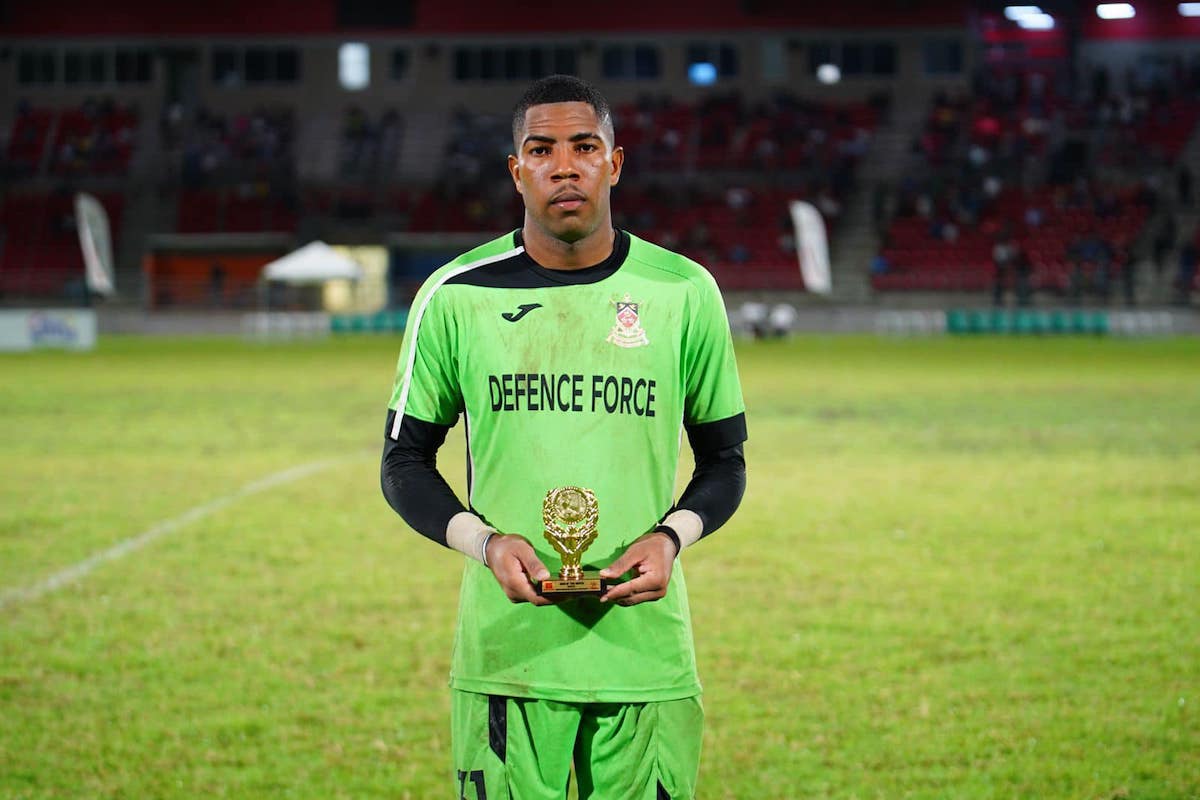 Defence Force goalkeeper Christopher Biggette wins the Man of the Match Award for his brilliance between the uprights, inclusive of saving a penalty and several jaw dropping saves in a TTPFL Knockout Cup semifinal against Point Fortin Civic at the Diego Martin Sporting Complex on July 11th 2023.