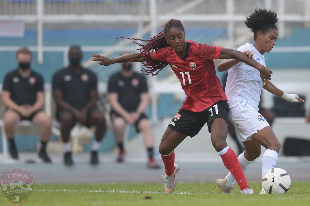 Trinidad and Tobago's Raenah Campbell (#11) vies for the ball against her Panamanian opponent during an international friendly, at the Ato Boldon Stadium, Couva, on Thursday, October 21st 2021. The match ended 0-0.