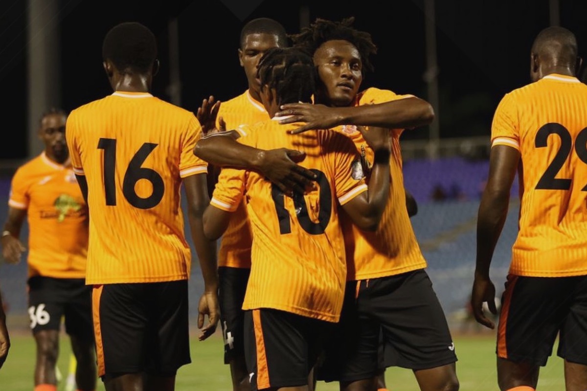 Club Sando celebrate after scoring against Central FC at Larry Gomes Stadium, Arima on Sunday, February 25th 2024.