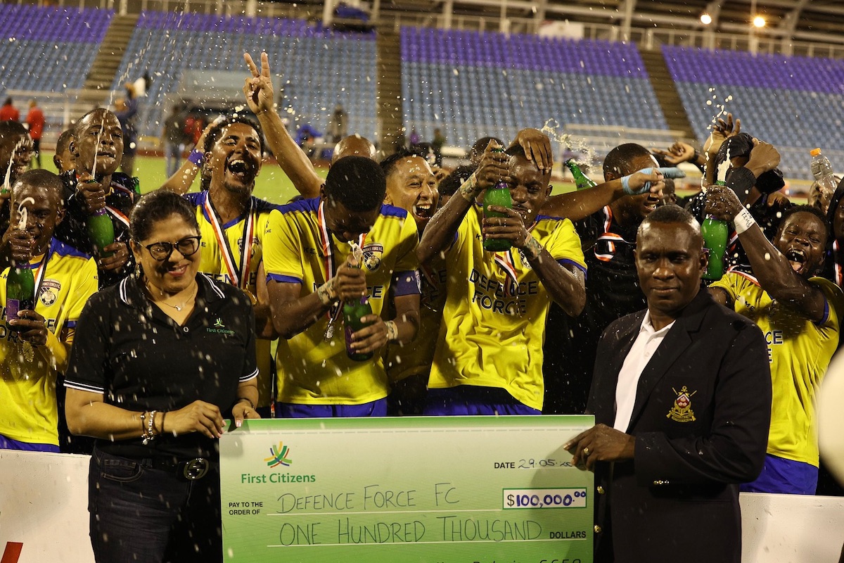 Defence Force celebrate winning the 2024 First Citizens Cup title after defeating AC Port of Spain 3-1 at the Hasely Crawford Stadium, Mucurapo on Wednesday, May 29th 2024.