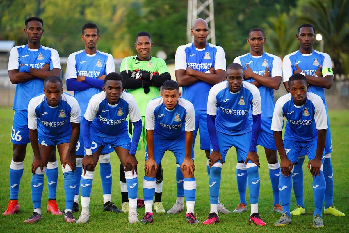 Defence Force FC pose for a team photo before facing Point Fortin Civic FC in a TTPFL Knockout Cup semifinal at the Diego Martin Sporting Complex on Tuesday, July 11th 2023.