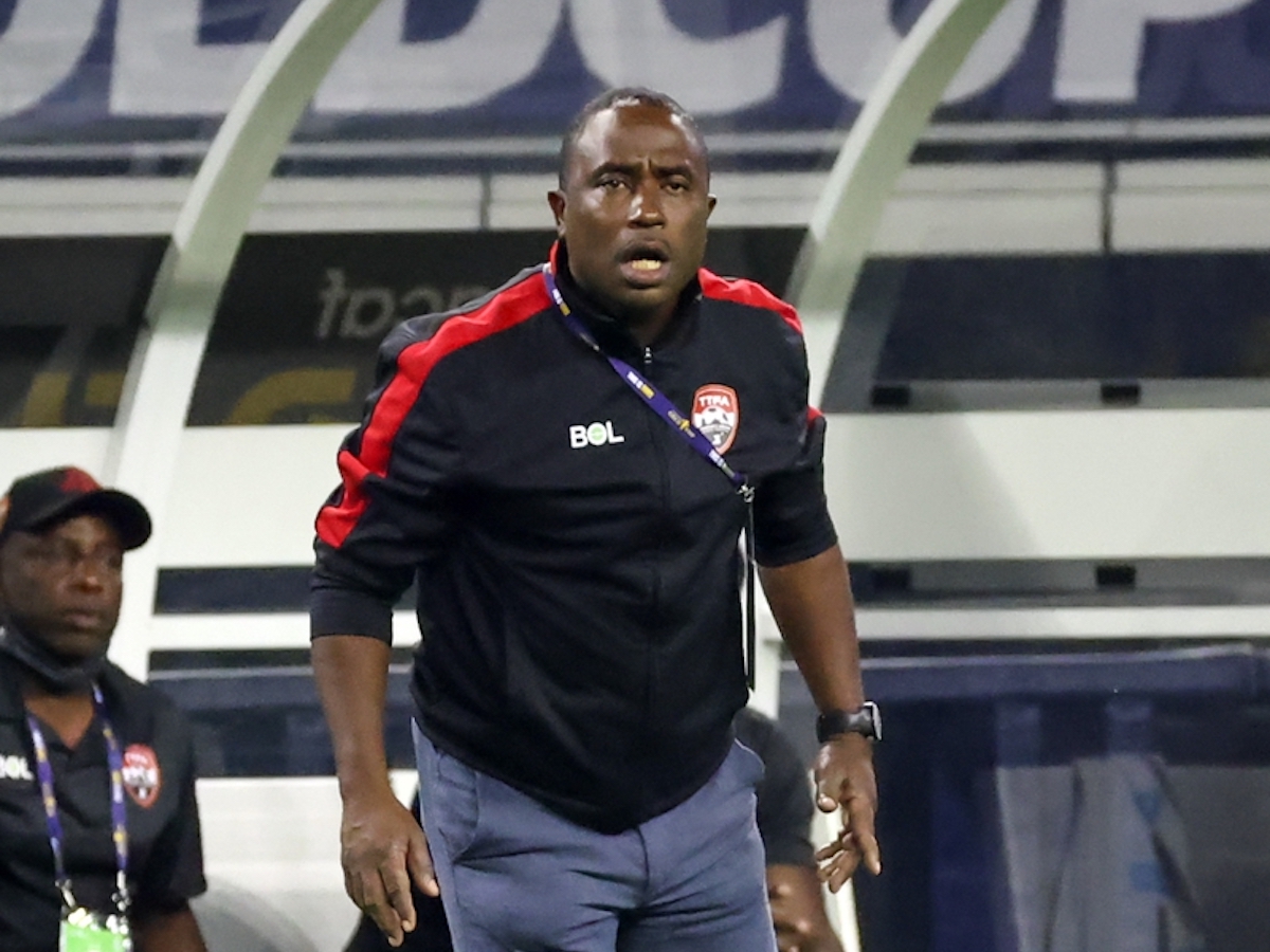 Jul 10, 2021; Arlington, Texas, USA; Trinidad and Tobago head coach Angus Eve reacts during the match against Mexico in a CONCACAF Gold Cup group stage soccer match at AT&T Stadium. Mandatory Credit: Kevin Jairaj-USA TODAY Sports