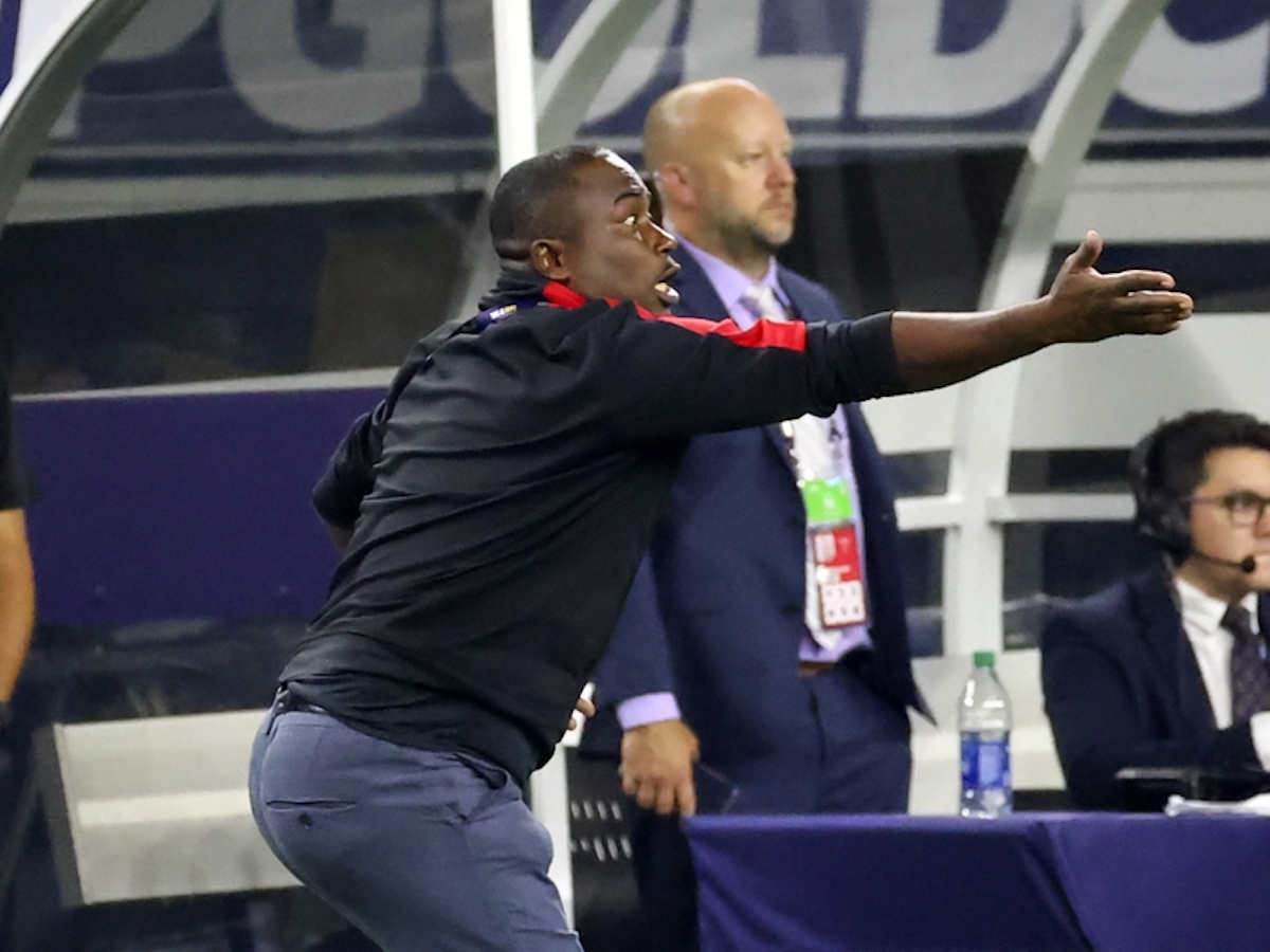 Trinidad and Tobago head coach Angus Eve reacts during the match against Mexico in a CONCACAF Gold Cup group stage soccer match at AT&T Stadium. Mandatory Credit: Kevin Jairaj-USA TODAY Sports