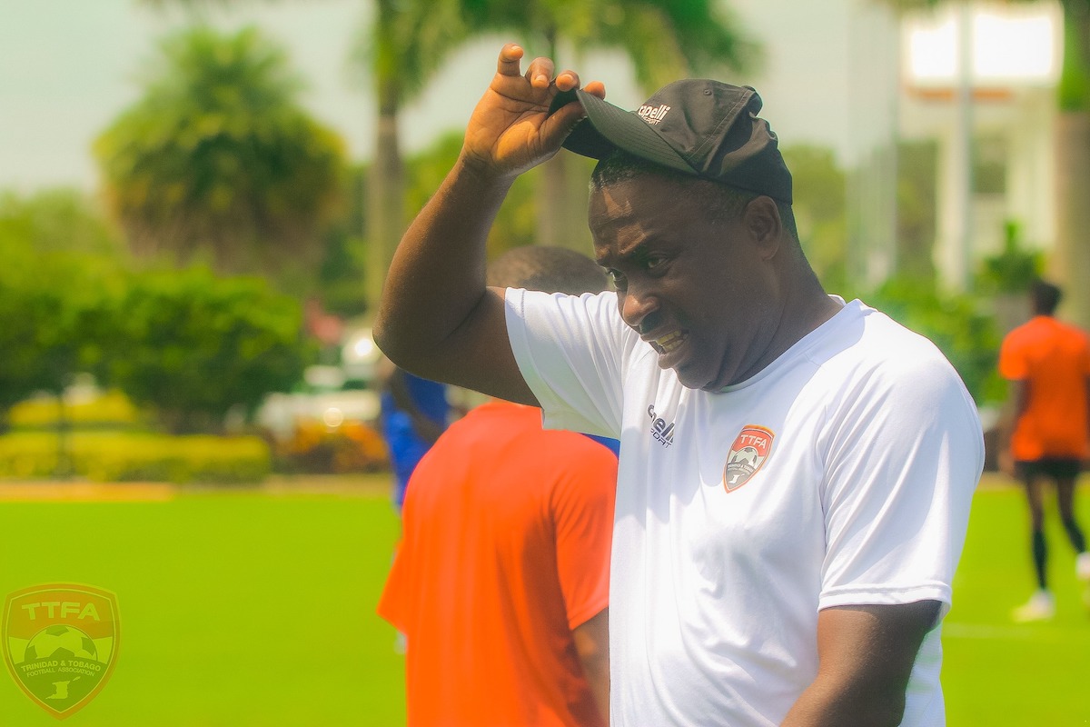Trinidad and Tobago Head Coach Angus Eve during a scrimmage against Haiti at District Park, Palm Beach Gardens, FL on Tuesday, June 20th 2023.