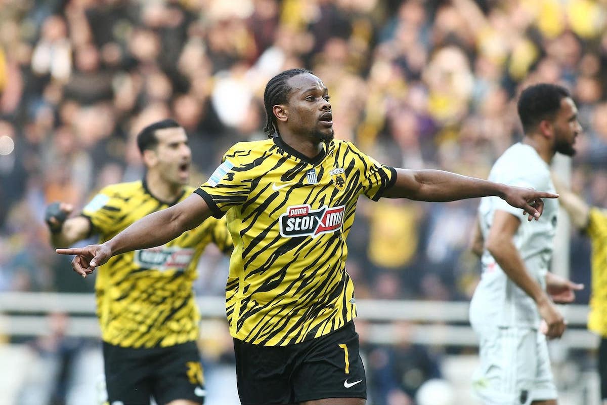 Levi Garcia celebrates after scoring a penalty in AEK Athens FC's 3-1 win over Aris Thessaloniki at Opap Arena Stadium, Athens, Greece on April 9th 2023.