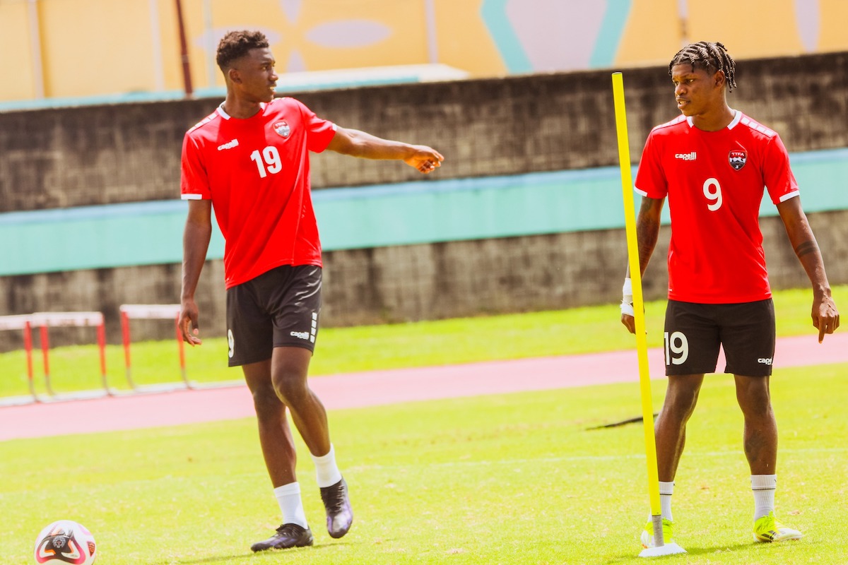 Dantaye Gilbert (left) and Nathaniel James (right) at a Trinidad and Tobago training session ahead of 2026 World Cup Qualifiers against Grenada and Bahamas.