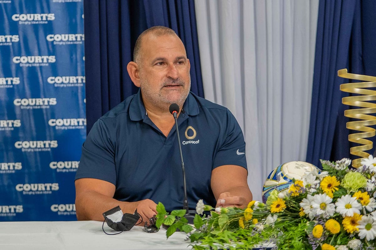 Robert Hadad, chairman of the FIFA-appointed normalisation committee, speaks at a media conference at the Courts MegaStore, San Juan on Thursday, March 24th 2022