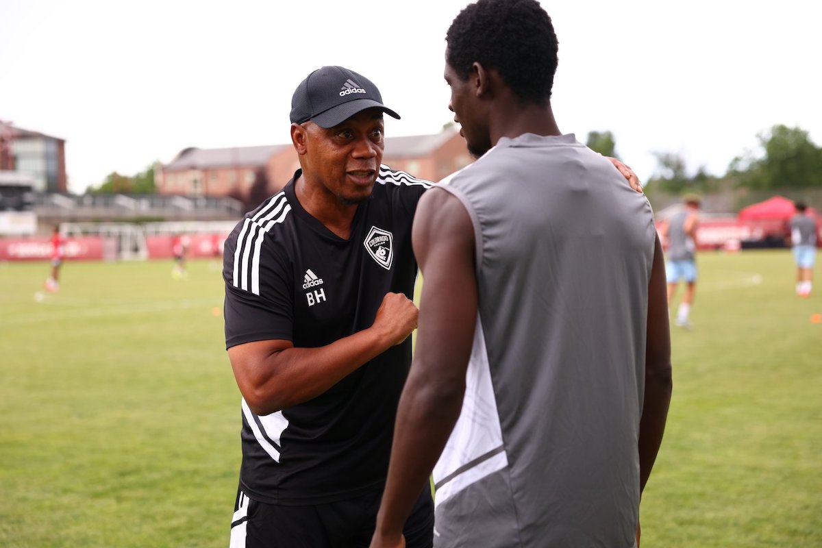 Former Colorado Rapids 2 Assistant Coach Brian Haynes (left) during a training session on July 15th 2022. Haynes is the newly appointed Trinidad and Tobago Men's U-20 Head Coach.
