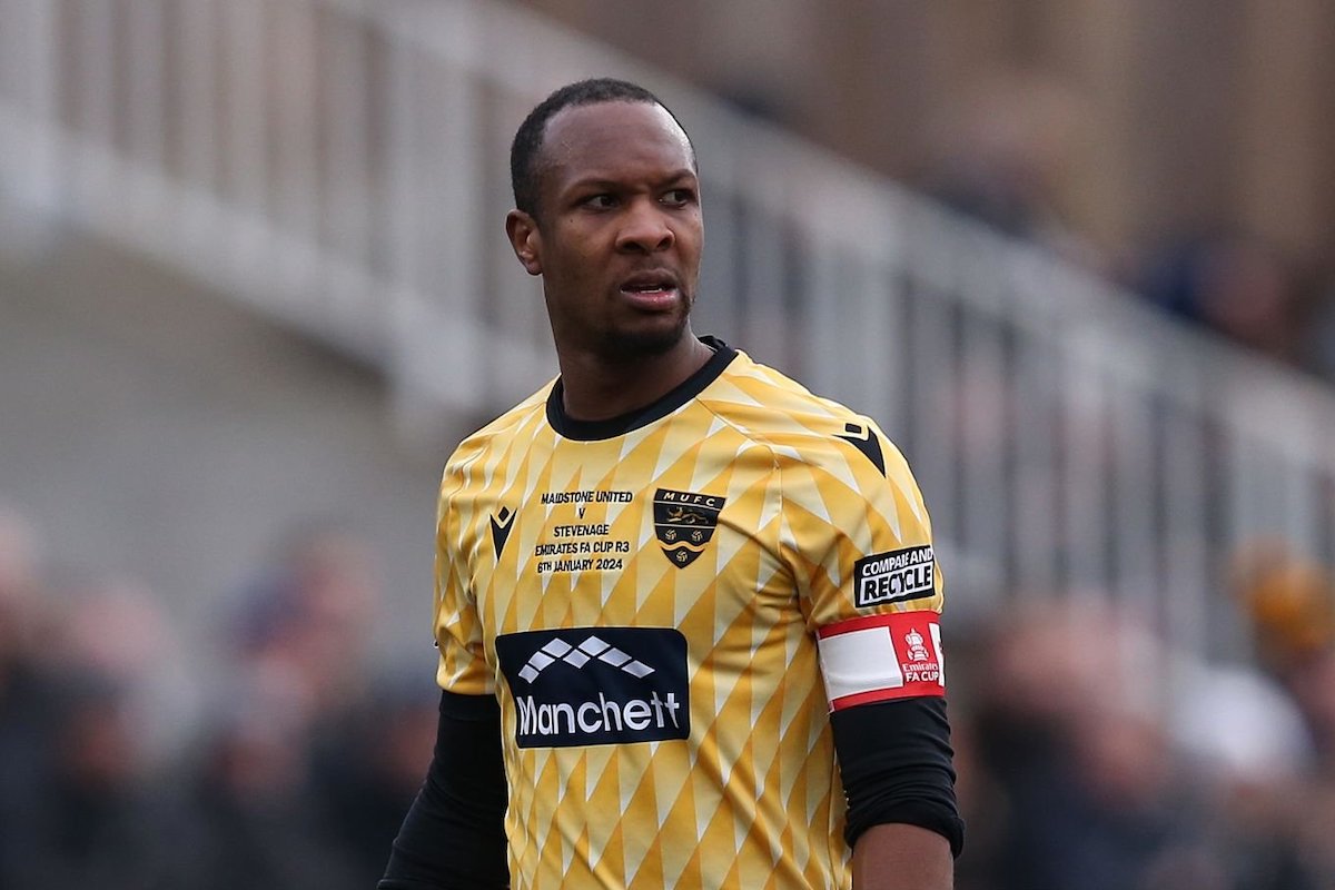 Gavin Hoyte captain of Maidstone United during the Emirates FA Cup Third Round match between Maidstone United and Stevenage at Gallagher Stadium on January 6, 2024 in Maidstone, England. (Photo by Crystal Pix/MB Media/Getty Images)