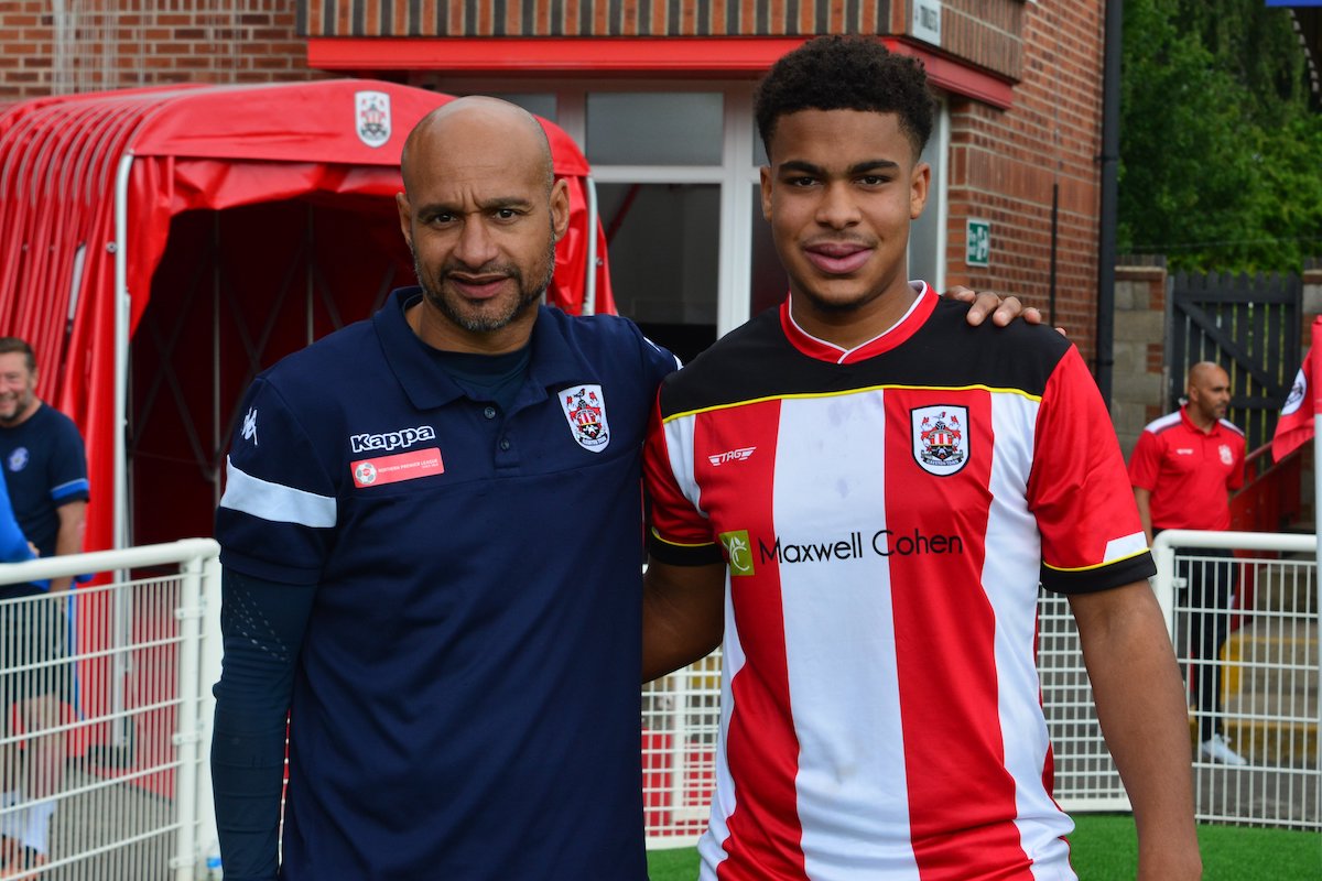 Ilkeston Town Head Coach Martin Carruthers (left) and new recruit, defender Stern Irvine (right).